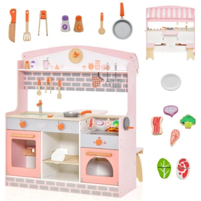 Costway Double-sided Kids Play Kitchen Set With Canopy And 2 Seats In Pink