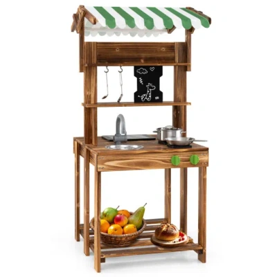 Costway Double-sided Mud Kitchen With Canopy And Chalkboard For 3+ Years Old-natural In Brown