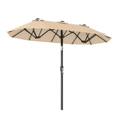 Costway Double-sided Patio Umbrella With Push Button Tilt Crank Handle-beige In Neutral