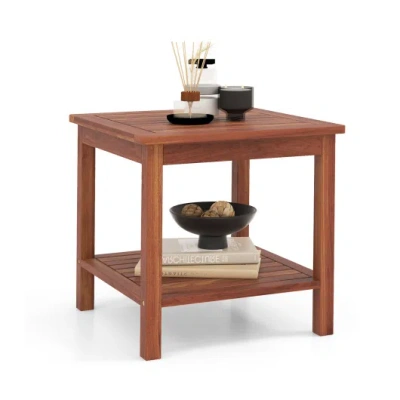 Costway Double-tier Acacia Wood Patio Side Table With Slatted Tabletop And Shelf In Brown