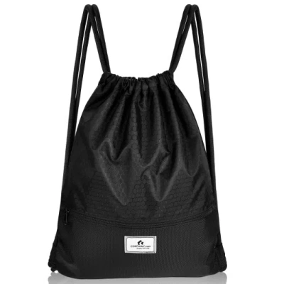 Costway Drawstring Backpack String Bag Foldable Sports Sack With Zipper Pocket-black