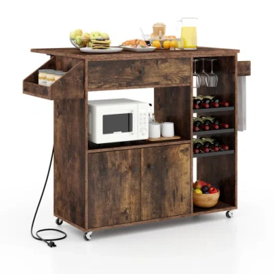 Costway Drop Leaf Mobile Kitchen Island Cart With Power Outlet And Adjustable Shelf-rustic Brown