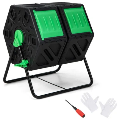 Costway Dual Chamber Garden Compost Tumbler With Sliding Doors-black & Green