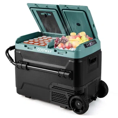 Costway Dual Zone 12v Car Refrigerator 53qt Portable Compressor Fridge Freezer In Green,black