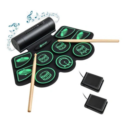 Costway Electronic Drum Set With 2 Build-in Stereo Speakers For Kids-green In Black