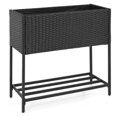 Costway Elevated Garden Planter With Rattan Finish Bottom Shelf-black