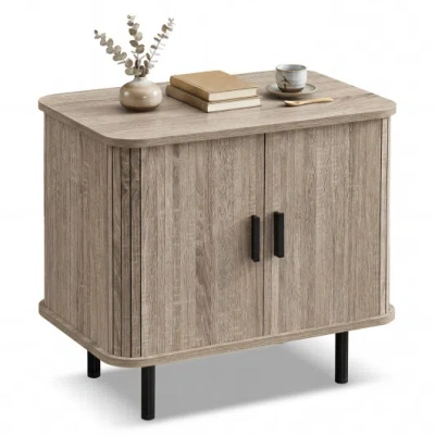 Costway End Table Modern Mid Century Nightstand With Sliding Tambour Doors And Storage Shelf-natural In Brown