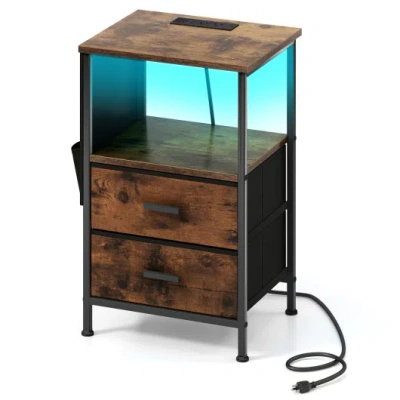 Costway End Table With Charging Station Set Of 1 Nightstand With 2 Folding Fabric Drawers In Multi