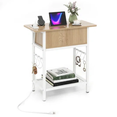 Costway End Table With Charging Station Usb Ports Outlets And Flip Top-natural In Multi