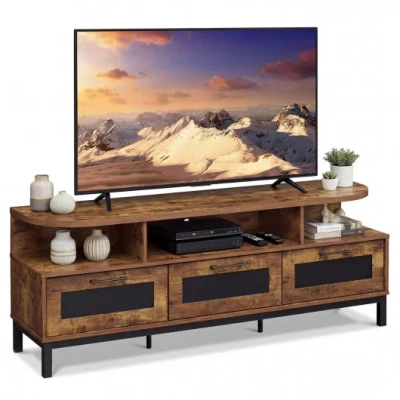 Costway Entertainment Center With 3 Storage Drawers And Open Shelves-rustic Brown