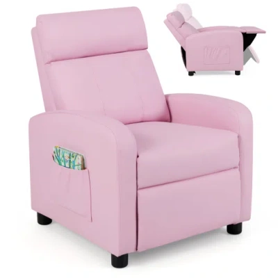 Costway Ergonomic Pu Leather Kids Recliner Lounge Sofa For 3-12 Age Group-pink