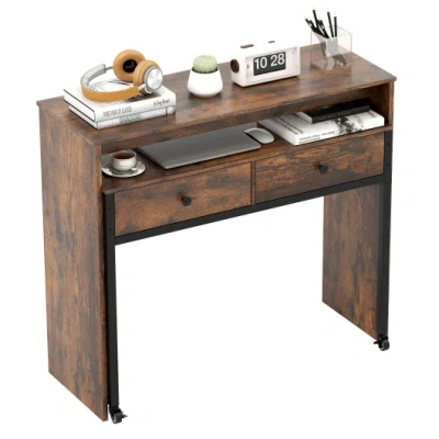 Costway Extendable Computer Desk With 2 Storage Drawers Convertible Home Office Rolling Study Writing Desk-r In Brown