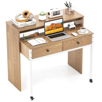 Costway Extendable Computer Desk With Pull Out Secondary Desk-natural In Brown