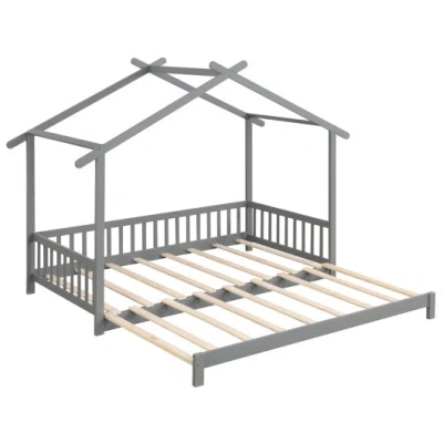 Costway Extendable House Bed Twin To King Daybed With Roof And Fence Rails-gray