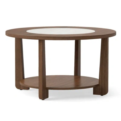 Costway Farmhouse Accent Round Coffee Table With 2-tone Tabletop And Open Storage Shelf For Living Room-brow In Brown