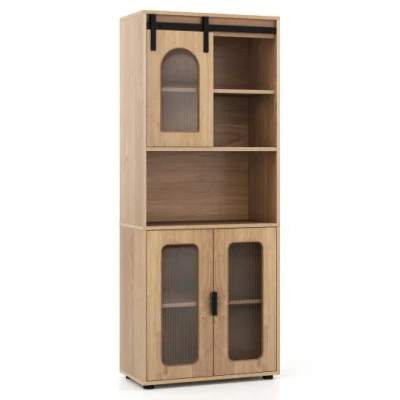 Costway Farmhouse Bathroom Floor Cabinet With Sliding Barn Door-natural In Brown