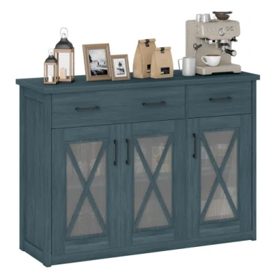 Costway Farmhouse Buffet Sideboard 3-door Kitchen Storage Cabinet With 2 Drawers-turquoise In Blue