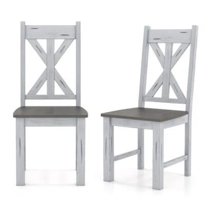 Costway Farmhouse Chair Set Of 2 With Rubber Wood Frame And Elegant Hollowed Backrest-gray