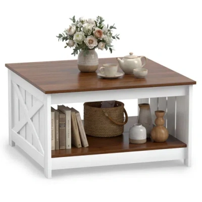 Costway Farmhouse Coffee Table 31 Inch Square Coffee Table With Storage Shelf-white In Gray