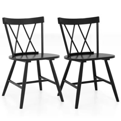 Costway Farmhouse Kitchen Dining Chair Set Of 2 With Rubber Wood Frame-black