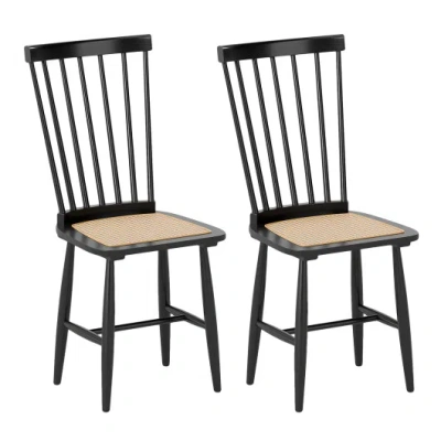 Costway Farmhouse Solid Rubber Wood Dining Chairs Set Of 2 With Pe Rattan Seats-black