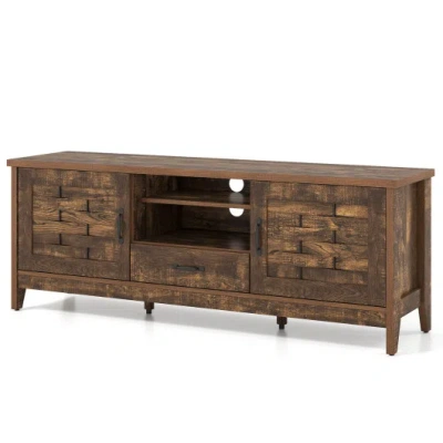 Costway Farmhouse Tv Stand For 65 Inch Tvs With 2 Woven Accent Doors And 3 Adjustable Shelves-rustic Brown In Multi