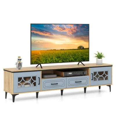 Costway Farmhouse Tv Stand For Tvs Up To 80 Inch With 2 Drawers-oak And Gray In Blue