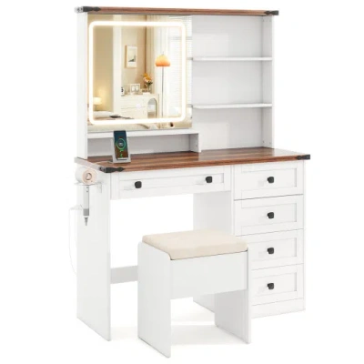 Costway Farmhouse Vanity Set With Mirror And 3-color Lighting-white In Multi