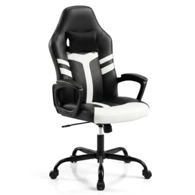 Costway Faux Leather Upholstered Office Chair With Removable Head Pillow And Rocking Function-white In Black