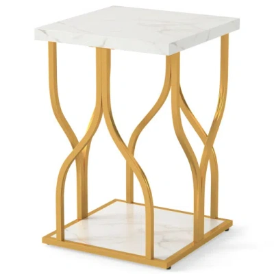 Costway Faux Marble Bedside Night Stand With Petal-inspired Metal Frame-white