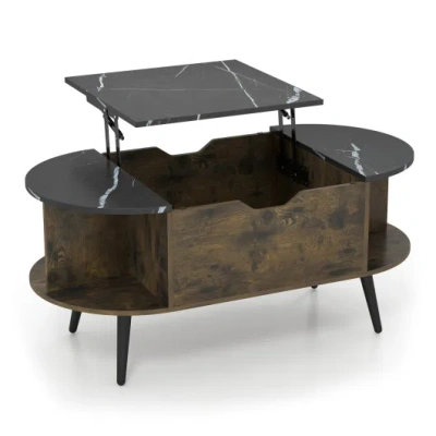 Costway Faux Marble Lift Top Coffee Table With Hidden Compartment And Shelves-black In Brown