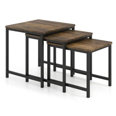 Costway Faux Marble Nesting Table With Metal Frame Set Of 3-rustic Brown