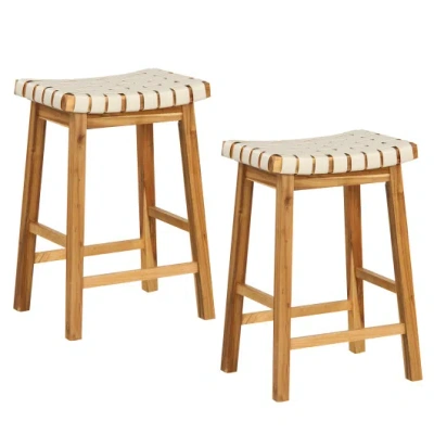 Costway Faux Pu Leather Bar Stools Set Of 2 With Woven Curved Seat Natural-25.5 Inches In Brown