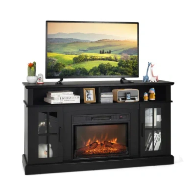 Costway Fireplace Tv Stand For Tvs Up To 65 Inch With Side Cabinets And Remote Control-black