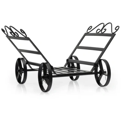 Costway Firewood Rack Decorative Rustproof Steel Fireplace Log Holder With Wheels In Black