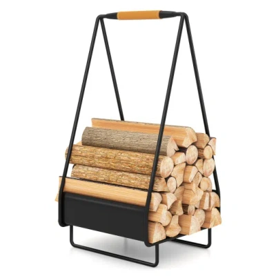 Costway Firewood Storage Rack Heavy-duty Metal Log Holder With Handle And Square Rack In Brown