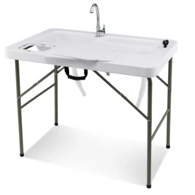 Costway Fish Cleaning Table With 2 Sinks And 360° Rotatable Fauce-white In Multi