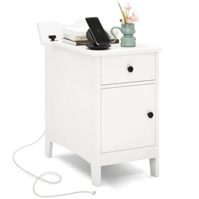 Costway Flip Top End Table With Charging Station Usb Ports Outlets And Drawer-white In Multi