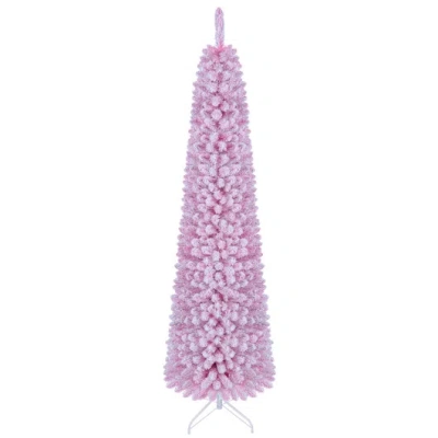 Costway Flocked Pencil Christmas Tree With 8 Modes Pre-lit Artificial Fir Xmas Tree-7 Ft