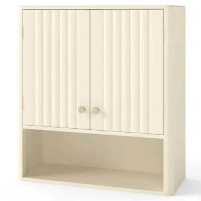 Costway Fluted Bathroom Wall Cabinet With Open Shelf-beige In Pink