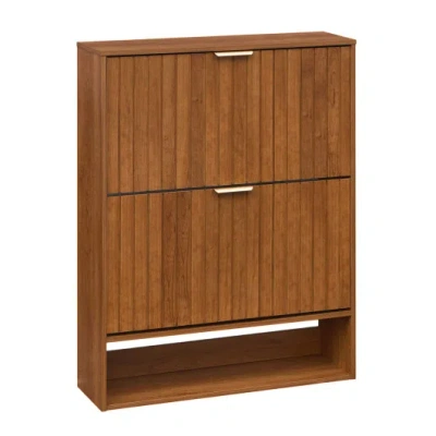 Costway Fluted Hidden Shoe Cabinet With 2 Flip Drawers And Open Storage-walnut In Brown
