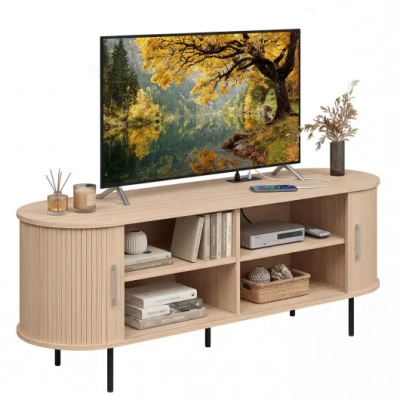 Costway Fluted Tv Stand For Tvs Up To 60" Mid Century Curved Entertainment Center-natural In Pink