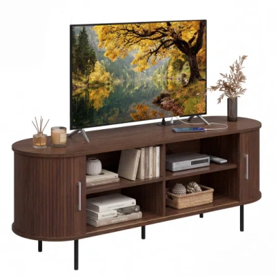 Costway Fluted Tv Stand For Tvs Up To 60" Mid Century Curved Entertainment Center-walnut In Brown