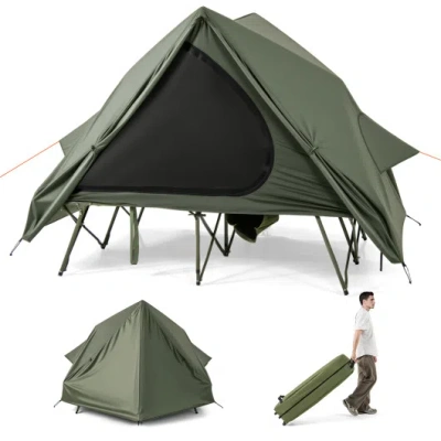Costway Foldable 2-person Camping Cot Tent With Pop-up Tent Shelter And Portable Wheeled Bag-green