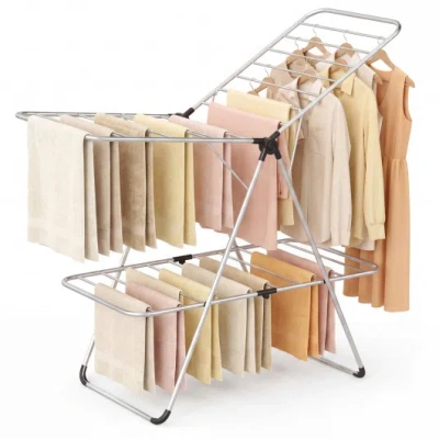 Costway Foldable 2-tier Clothes Drying Rack Heavy-duty Aluminum Stainless Steel Laundry Airer In Silver