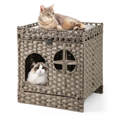 Costway Foldable 2-tier Rattan Cat Litter Box Enclosure With Litter Mat-grey In Brown