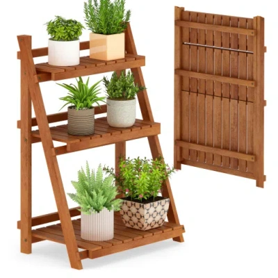 Costway Foldable 3-tier Solid Wood Plant Stand For Patio Balcony In Multi