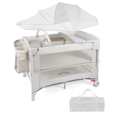 Costway Foldable Baby Bassinet With 4 Adjustable Heights Changing Table And Mattress-beige In Neutral