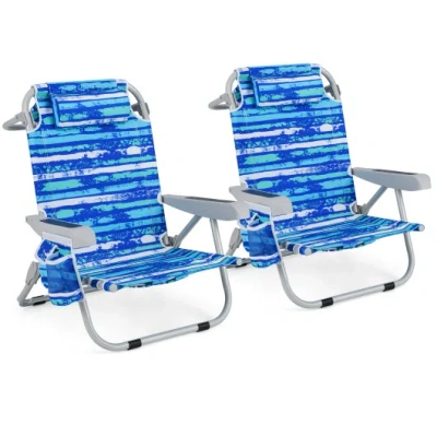 Costway Foldable Backpack Beach Chair With Cup Holder And Storage Pockets Set Of 2-navy In Blue