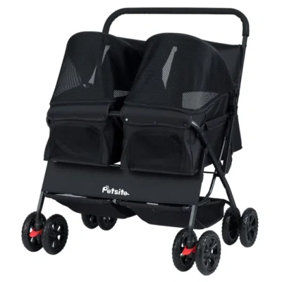 Costway Foldable Double Pet Stroller With Adjustable Sunshade And Storage Basket-black